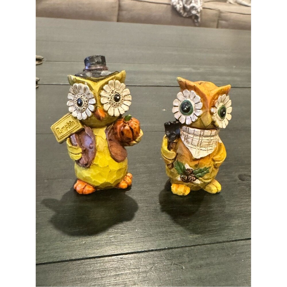 Set of 2 Fall Themed Resin Owl Figurines